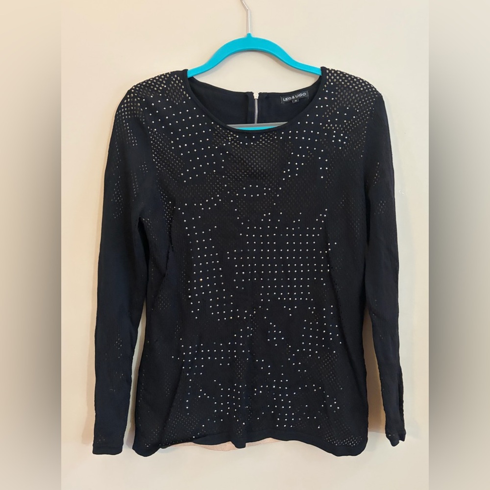 Leo & Ugo Paris France Black Rhinestone Long Sleeve Shirt Top, Quarter Zip Back